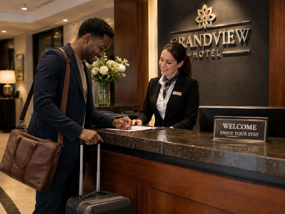 hotel reception desk with a guest checking in